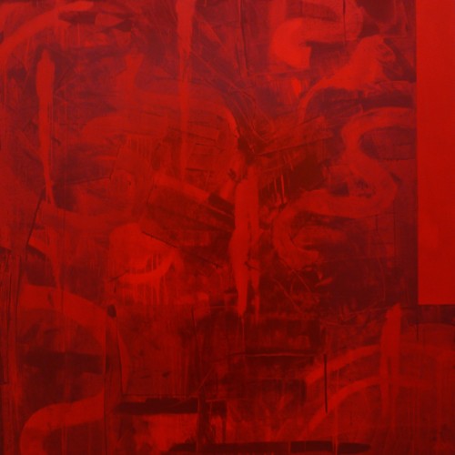 A red painting with rounded organic lines and straight lines