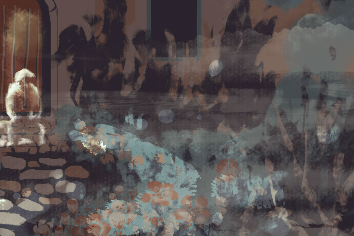 A detail of a digital artwork by Yunge Wen. The work is a digital image that has a painterly effect. There is a house in brown and maroon colors. In front is a blurred patch of green that references an open yard and trees.